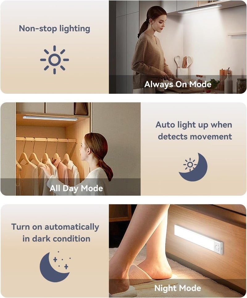 DDSKY Under Cabinet Lighting, LED Motion Sensor Light Indoor, 2200mAh USB Rechargeable Closet Lights Battery Operated, Stick On Magnetic Wireless Dimmable Under Counter Lights for Kitchen(2 Pack) - Image 2